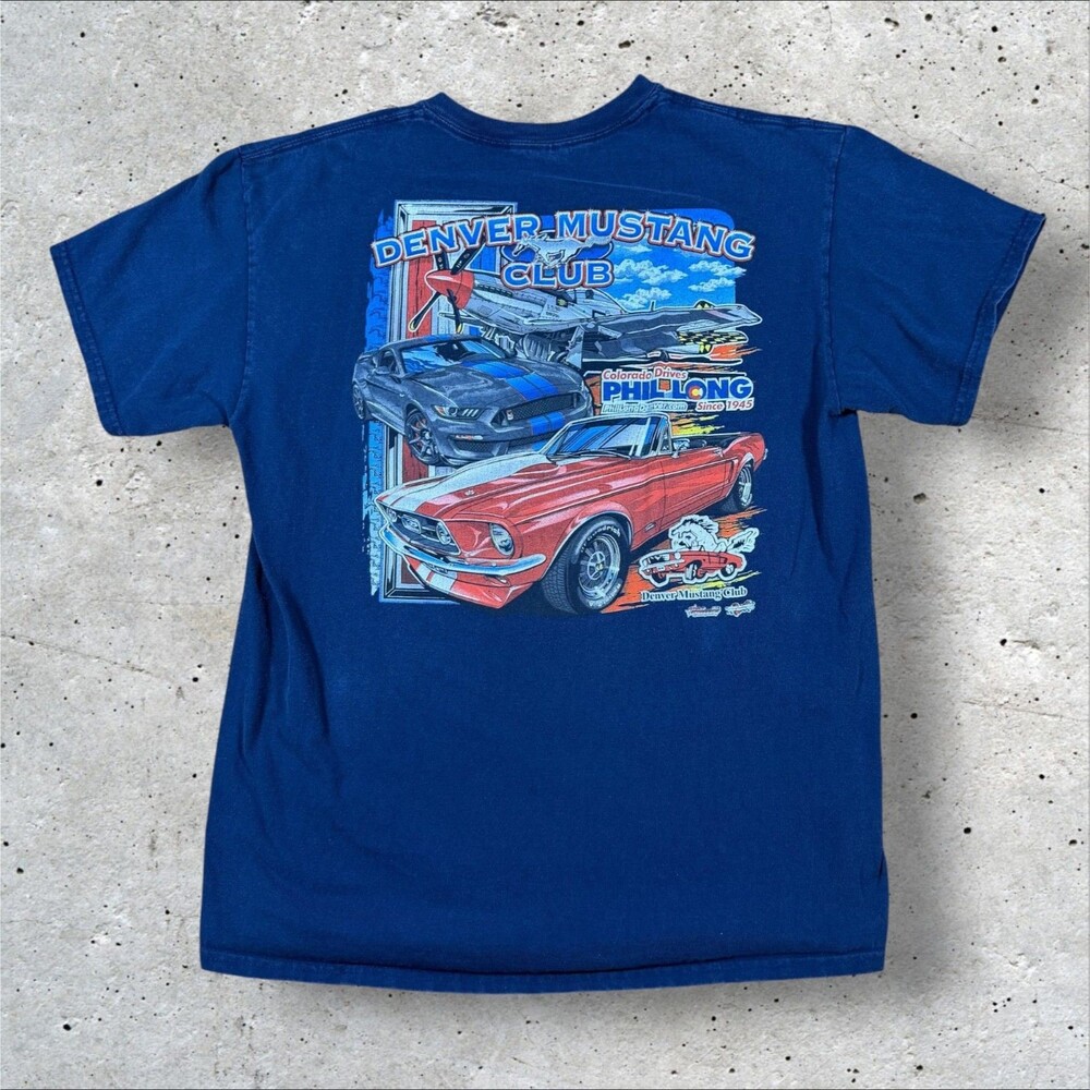 Vintage Ford Mustang Shirt Mens Large Blue Phil Long Denver Car Club Graphic Tee